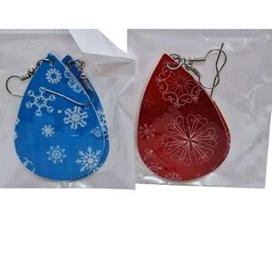 Teardrop Shape Faux Leather Dangle Earrings Blue Red Patterned Fishhook Set Of 2